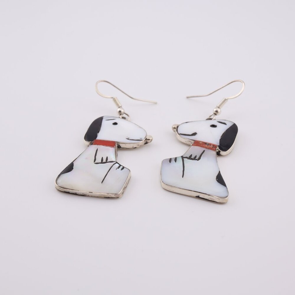 Handmade Zuni Inlay Large Snoopy Dog Dangle Earrings Sterling Silver Jewelry‎ ** - Picture 9 of 15